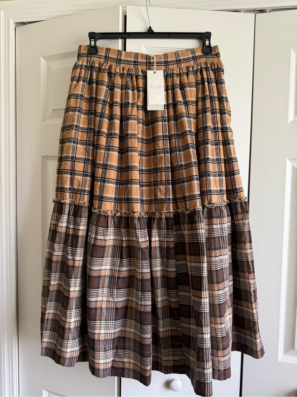 Miss Me Two-Tone Plaid Tiered Midi Skirt in Tan and Brown